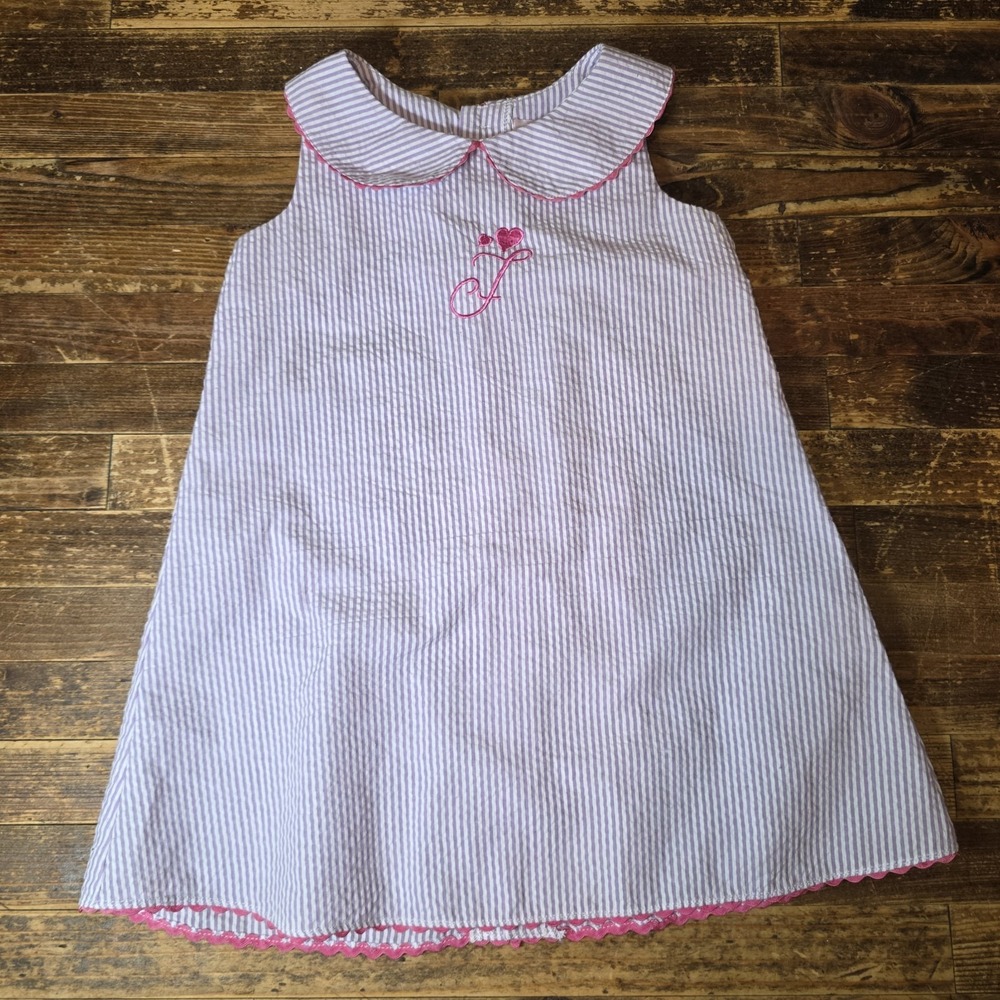 Emily Lacey Little Girl Dress 18 Mo Purple Stripes Seersucker EMBROIDERED "F"